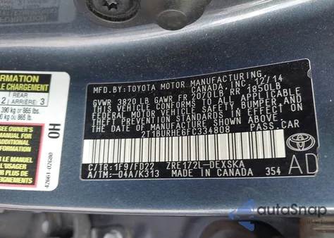 2015 Toyota Corolla S Plus из США, поврежденный, VIN 2T1BURHE6FC334808